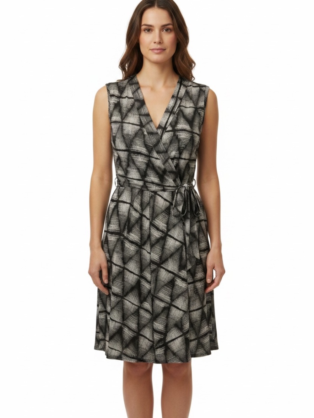 BCBGMaxAzria Black & Gray Sleeveless Wrap Midi Dress